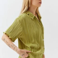 Best Sale 😉 Women's Out From Under Plisse Button-Down Top Chartreuse ⭐ -Out From Under Shop unnamed file 697