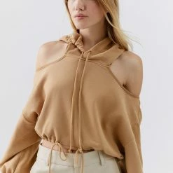 Buy ❤️ Women's Out From Under Ava Cold-Shoulder Hoodie Sweatshirt Tan 🥰