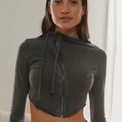 Discount ✨ Women's Out From Under Aiden Asymmetrical-Zip Cropped Sweatshirt Washed Black 🔥