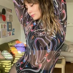 Flash Sale 🔥 Women's Parade Silky Mesh Mock Neck Bodysuit Space Drip 🛒